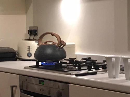 a tea pot sitting on top of a stove at Ferienwohnung in einer Villa mit herrlichem Garten und Katze in Sydenham