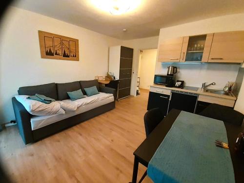 a living room with a couch and a kitchen at Alpha Alpin Apartment in Zell am See