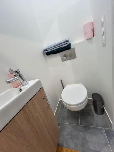 une salle de bain avec des toilettes blanches et un lavabo dans l'établissement Trois Lilas ligne C, à Villeneuve-le-Roi