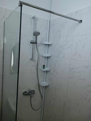 a shower with a shower head in a bathroom at FIORE ROOMS in Akrotiri