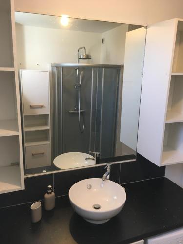 uma casa de banho com um chuveiro e um lavatório branco em Bel appartement à Dijon 1 em Dijon