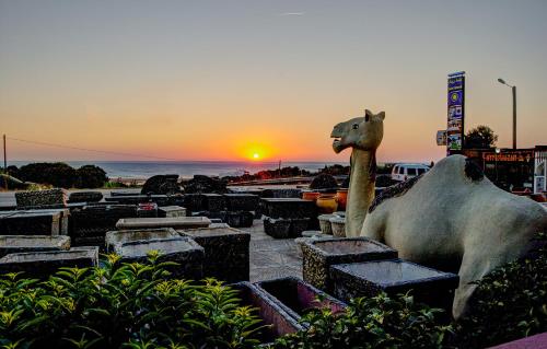 a statue of a statue of a giraffe at sunset at Camping Hôtel Briech & Spa in Briech
