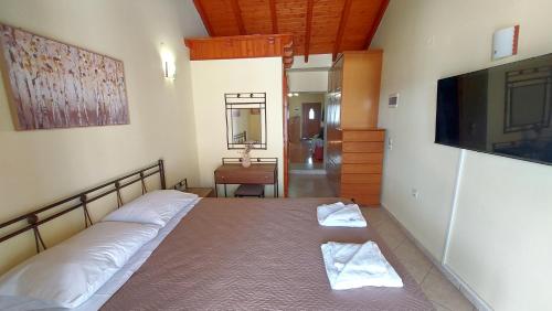 a bedroom with a bed and a tv and a mirror at Traditional Mount Retreat - Ano Pavliana - Corfu in Áno Pavliána