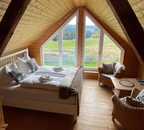 1 dormitorio con 1 cama en una habitación con ventanas en Ferienhaus Rennsteig-Wander-Mountainbike und Langlaufparadies en Friedrichshöhe
