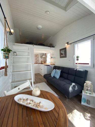 ein Wohnzimmer mit einem Sofa und einem Tisch in der Unterkunft Tiny House am Meer in Heringsdorf