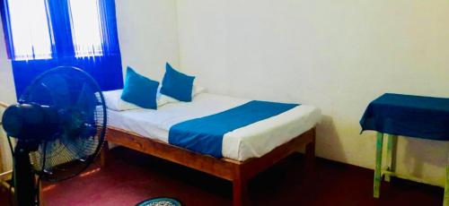 a bedroom with a bed with blue pillows and a fan at Liliya Boho Villa in Galle