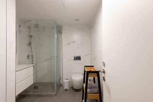 La salle de bains est pourvue d'une douche en verre et de toilettes. dans l'établissement Sea View Coral - City Center Amazing Pool, à Eilat