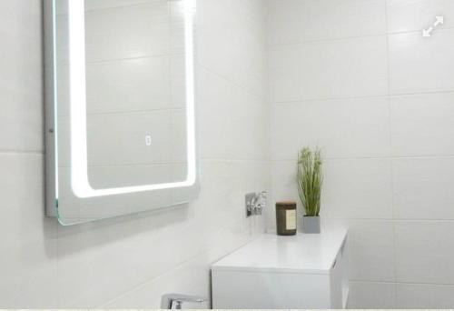 ein weißes Badezimmer mit Waschbecken und Spiegel in der Unterkunft Ferienwohnungen zum Dubener Kuckuck in Luckau