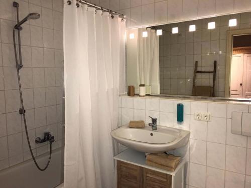 La salle de bains est pourvue d'un lavabo et d'une douche avec un miroir. dans l'établissement ciao-aschau Haus zur Burg Ap204 Hupferl1, à Aschau