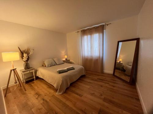 1 dormitorio con cama y espejo grande en Le Spacieux- Proche de Paris et Orly - Beau F2 de 52m2 en centre ville en Chilly-Mazarin