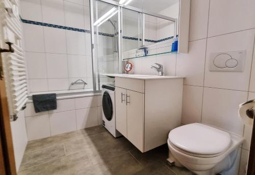Baño pequeño con aseo y lavamanos en Haus Viktoria A, Apartment Blauherd, en Zermatt