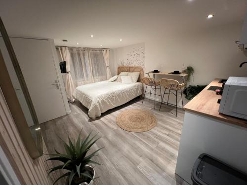 a bedroom with a bed and a desk and a table at Le zénith vieille ville d'Annecy in Annecy