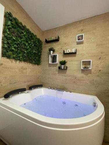 a large bath tub in a room with a green wall at Estudio BF jacuzzi jerez in Jerez de la Frontera
