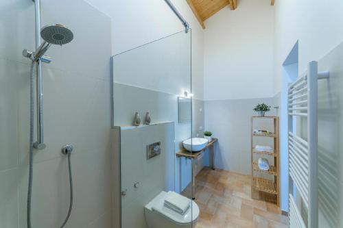y baño blanco con ducha y aseo. en Villa Il Sole Marcheholiday, en SantʼAngelo in Pontano