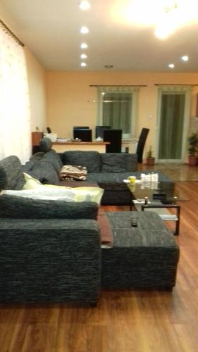 Sala de estar con 2 sofás y mesa en Dunaparti pihenés, en Százhalombatta