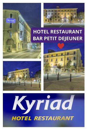 four pictures of a hotel with a hotel restaurant and a hotel restaurant bar at KYRIAD ORANGE Centre Ville - HOTEL & RESTAURANT & BAR - La Galerie d'Art des Princes - Provence Alpes Côte d'Azur - France - Proche A7-A9 - exit21- Châteauneuf-du-Pape Avignon Bollene Nimes - 24h-24h in Orange