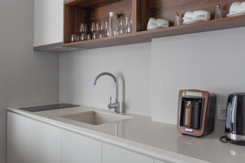 a kitchen with a sink and a counter with a toaster at Nova Concierge Hotel in Batumi