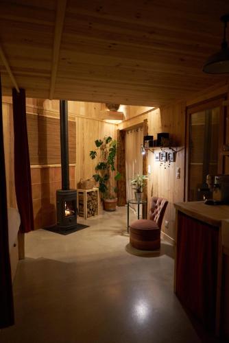 un salon avec une cheminée et un poêle dans l'établissement L'îlot du 9 - Cabane & spa au bord du lac, à Hourtin