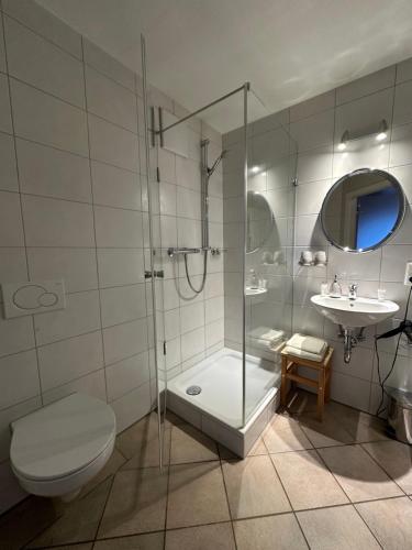 a bathroom with a shower and a toilet and a sink at Pension Schramm in Karlsruhe