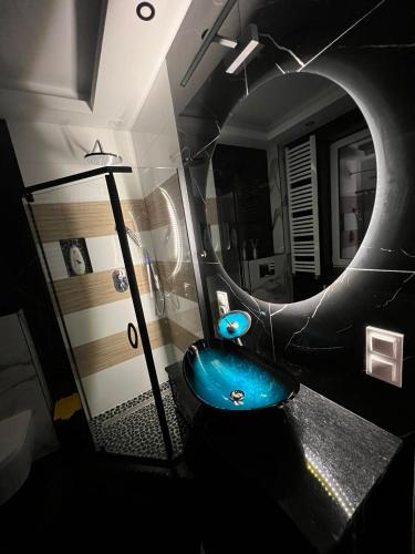 a bathroom with a blue toilet in front of a mirror at Hortensja 2 Check-in 24H in Oborniki