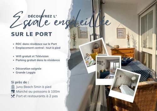 a flyer for a furniture store with pictures of a bedroom at L'Escale ensoleillée, 2 pièces sur le Port proche Juno Beach in Courseulles-sur-Mer