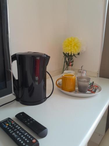 a coffee pot sitting on a counter next to a tv at SINGLETON SHORT STAYS R8 in Swansea
