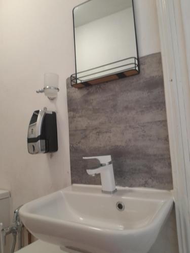 a bathroom with a sink and a mirror on the wall at SINGLETON SHORT STAYS R8 in Swansea