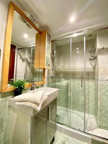 a bathroom with a glass shower and a sink at el Almendral in Jaén