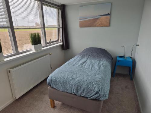 a bedroom with a bed and two windows at vrijstaande ruime familiewoning landelijk gelegen in Lewedorp