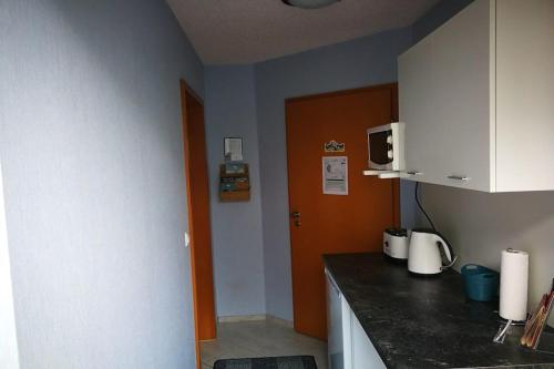 eine Küche mit einer Arbeitsplatte und einer Mikrowelle in der Unterkunft Gästezimmer Sieg in Rust
