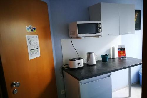 eine Küche mit einer Arbeitsplatte und einer Mikrowelle in der Unterkunft Gästezimmer Sieg in Rust