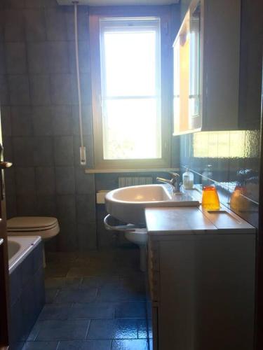 a bathroom with a sink and a toilet and a window at Il relax tra mare e campagna in Castiglione della Pescaia