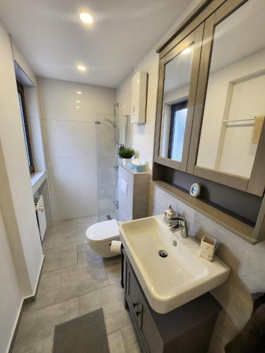 a bathroom with a sink and a toilet and a mirror at FeWo Monteurwohnung Altena - Breitenhagen in Altena