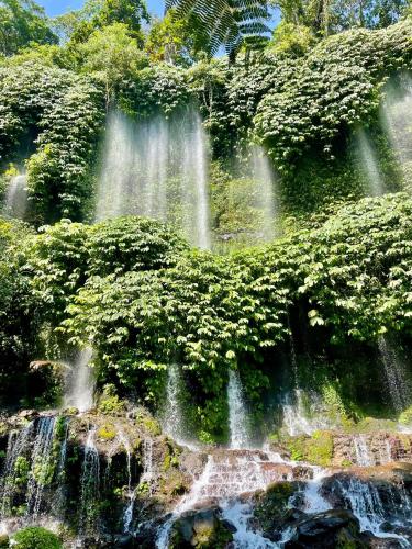 a waterfall in a garden with flowers and trees at Tetebatu Indah Homestay in Tetebatu