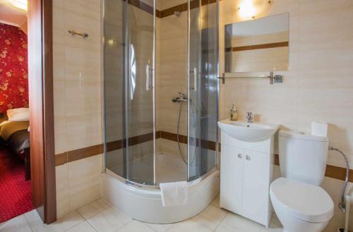 uma casa de banho com um chuveiro, um WC e um lavatório. em Zajazd Drogorad Restauracja i Noclegi em Mielno
