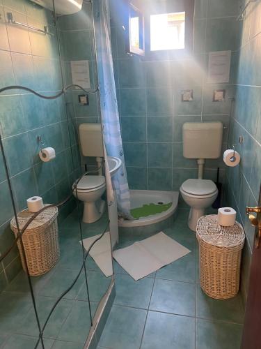 La salle de bains est pourvue de 2 toilettes et d'une douche. dans l'établissement Vila Franka, à Murter