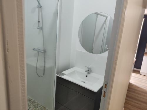 uma casa de banho com um lavatório e um espelho em Gîte manthes em Manthes