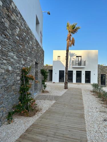 a pathway with a palm tree in front of a building at Cavo piso livadi in Piso Livadi