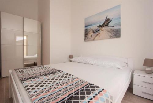 1 dormitorio con 1 cama y una foto en la pared en Apartman Mimoza, en Budva