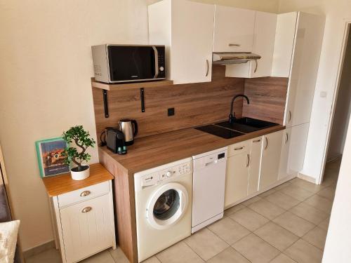 une cuisine avec un lave-linge et un micro-ondes dans l'établissement Résidence les Mimosas, à Calvi