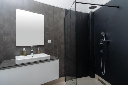 a bathroom with a shower with a sink and a shower at Soba Kašmir in Bugojno