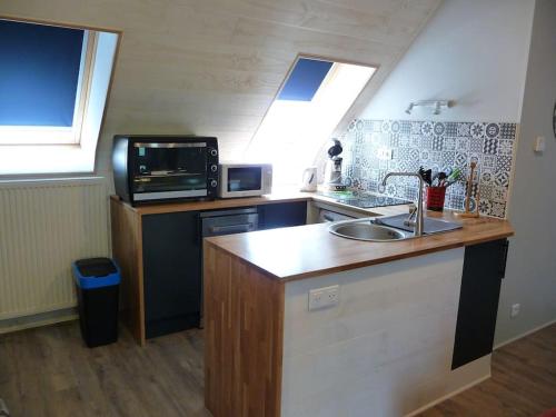een keuken met een wastafel en een magnetron bij Les Termes in Saint-Chély-dʼAubrac
