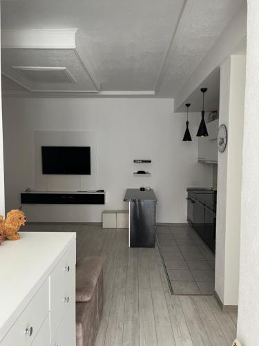 un soggiorno con pareti bianche e TV a schermo piatto di Apartment studio a Konjic