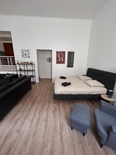 ein Wohnzimmer mit einem Bett und einem Sofa in der Unterkunft Appartement / Loft Paris 8ème in Paris