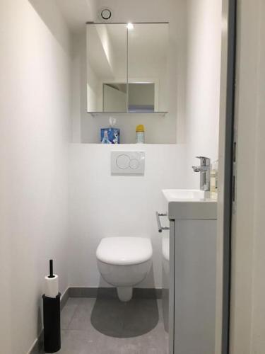 une salle de bain blanche avec des toilettes et un lavabo dans l'établissement Appartement 2 chambres avec jardinet privatif - 200m de la plage Pereire, à Arcachon