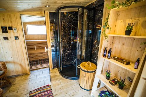 ein Bad mit einer Dusche und einer Glastür in der Unterkunft Azyl nad Nidą 