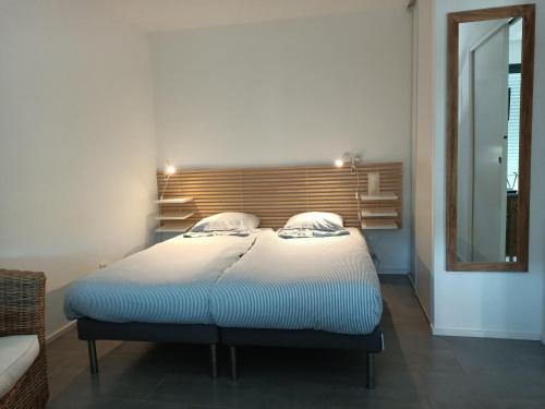 1 dormitorio con 1 cama grande y espejo en Villa Esterel Plage, en Saint-Raphaël