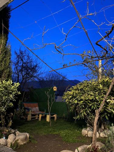a garden with a bench and a blue sky at garden and panorama in Mtskheta