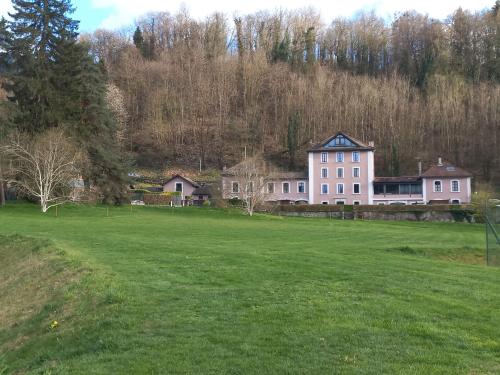 a large grass field with a large building in the background at Residence du parc in Saint-Martin-dʼUriage