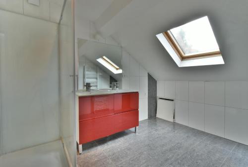 une salle de bain avec un lavabo rouge et une lucarne dans l'établissement Duplex à deux pas de la place Stanislas, à Nancy
